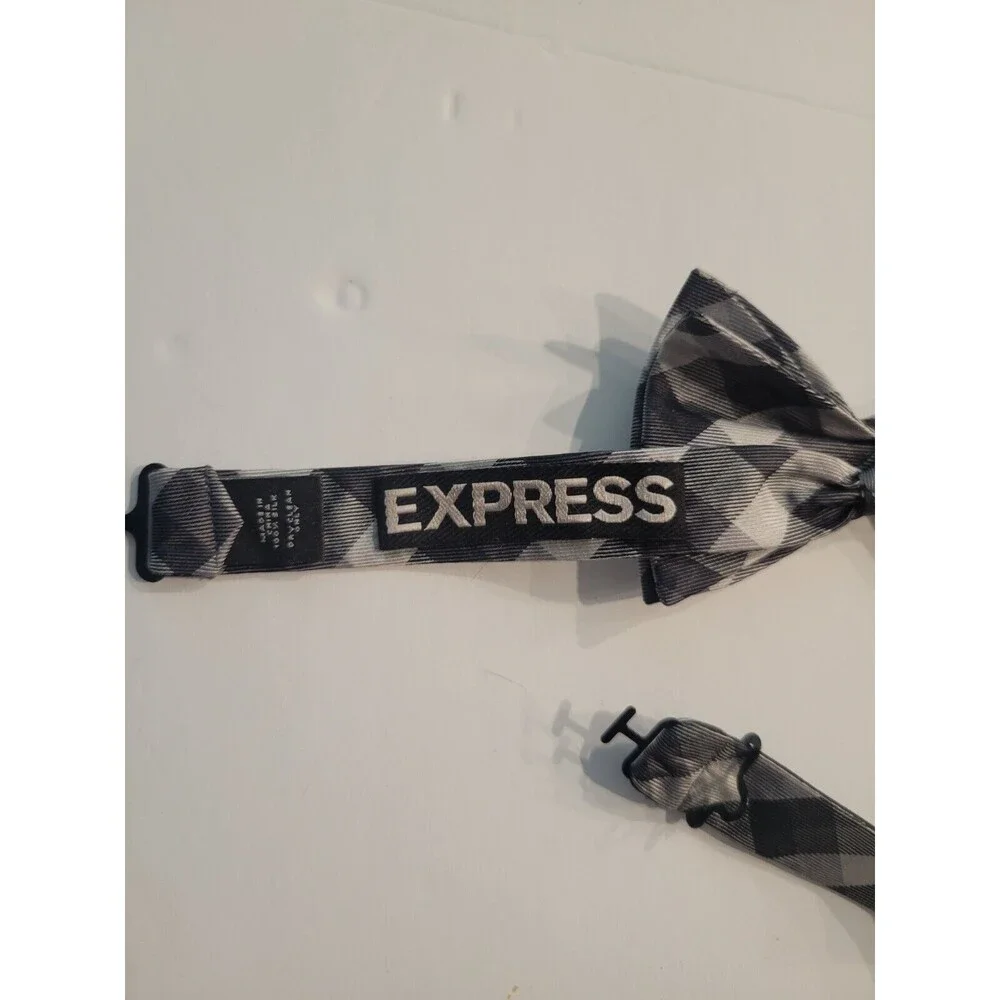 Express Grey, Black & Silver Plaid Pre-Tied Adjustable Bowtie